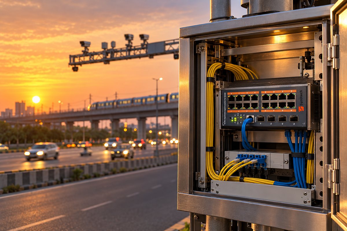 Syrotech SY-1600P-4S-IND industrial PoE switch in a roadside cabinet beside a highway and metro line at sunset
