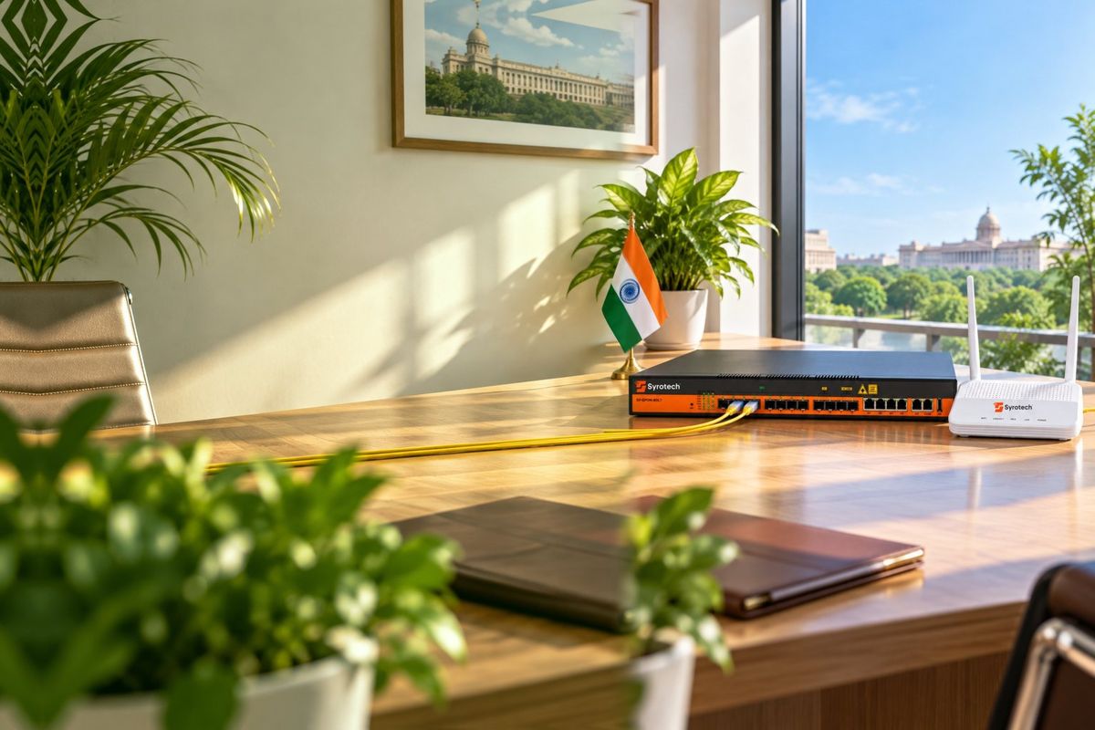 Syrotech SY-GPON-8OLT and ONT on a desk in a bright government office