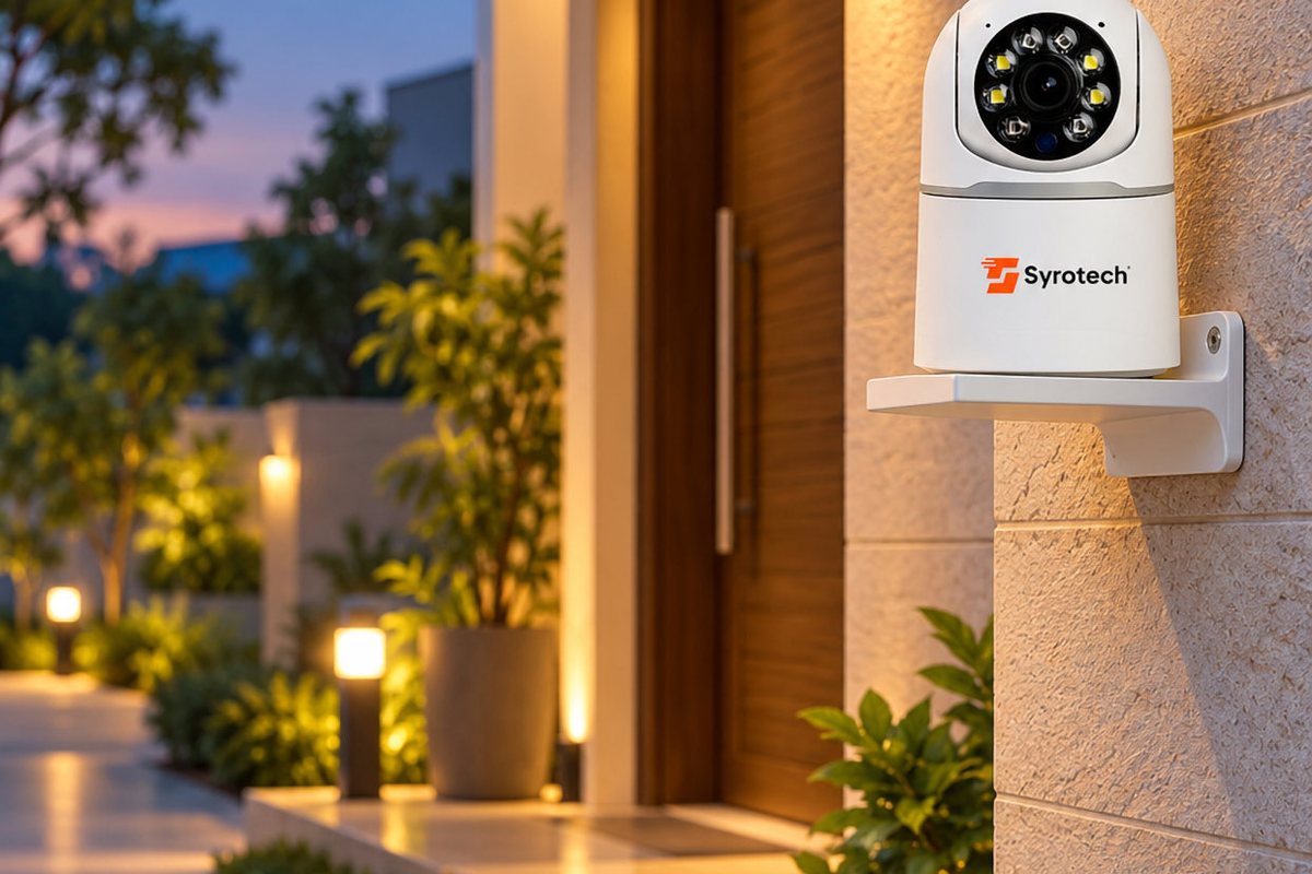 Syrotech security camera on the wall of a modern home at dusk