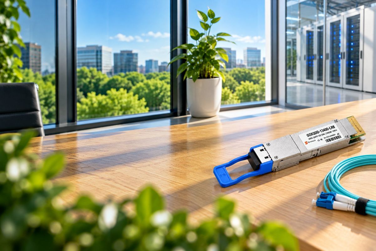 Syrotech GOXQDD-13400-LR8 400G QSFP-DD transceiver in a data-centre control room